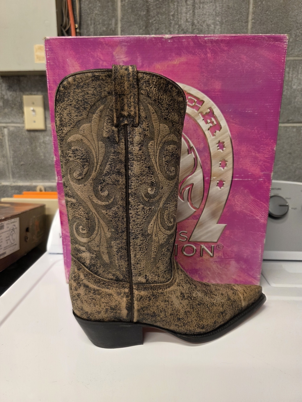 Distressed Tan Western Cowboy Boot with Embroidered Scrolls